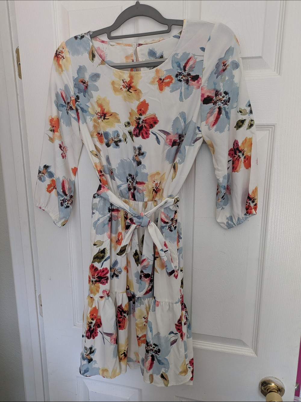 Boho Floral Tiered Fit & Flare Dress Tie Waist 3/4 Sleeve Watercolor.